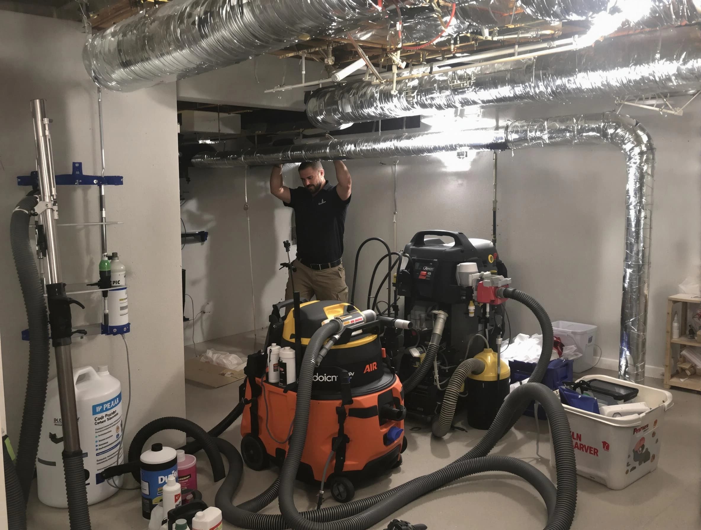 Monument Air Duct Cleaning specialist performing professional mold removal from air ducts using safety equipment in Monument